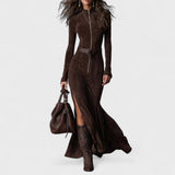 Kateřina | Dlhý brown šaty with a belt and a front zip