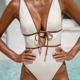 Off White V Neck Tie One-Piece Swimsuit
