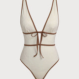 Off White V Neck Tie One-Piece Swimsuit